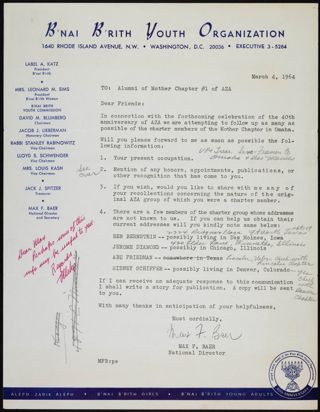 Max F. Baer to Alumni of AZA Mother Chapter #1 of AZA Memorandum, March 4, 1964