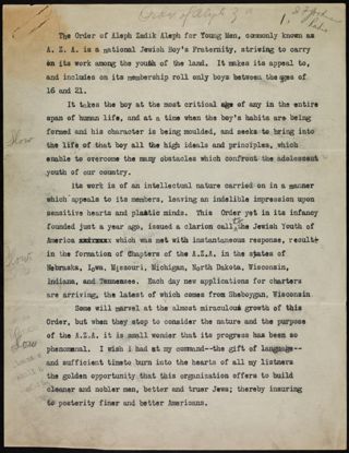 The Order of Aleph Zadik Aleph for Young Men Radio Program Script, 1925