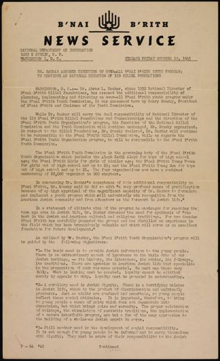 B'nai B'rith News Service Press Release, October 19, 1945