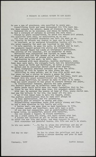 A Tribute in Loving Member to Sam Beber, February 1977