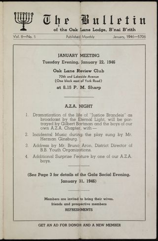 The Bulletin of the Oak Lane Lodge, B'nai B'rith, Vol. 8, No. 5, January 1946