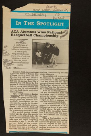 AZA Alumnus Wins National Racquetball Championship Newspaper Clipping