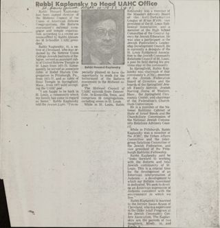 Rabbi Kapalasky to Head UAHC Office Newspaper Clipping, October 19, 1983