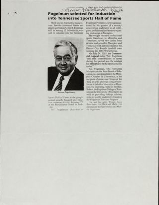 Fogelman Selected for Induction into Tennessee Sports Hall of Fame Newspaper Clipping, February 26, 2004