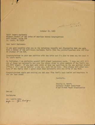 Stanley W. Harris to Rabbi Howard Kaplansky Letter, October 25, 1983