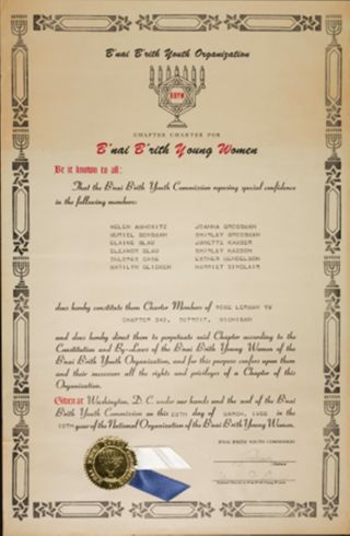 BBYO Chapter Charter for B'nai B'rith Young Women, March 28, 1955