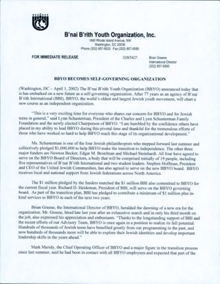 BBYO Becomes Self-Governing Organization Press Release, April 1, 2002