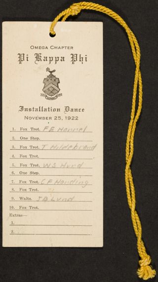 Omega Chapter Installation Dance Card, November 25, 1922