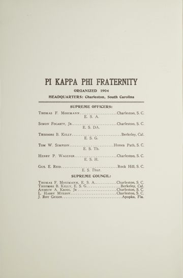 Pi Kappa Phi Fraternity Directory, October 1909