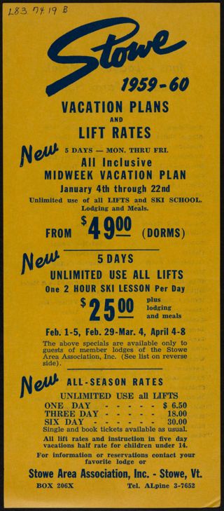 Stowe Vacation Plans and Lift Rates Flier, 1959-1960