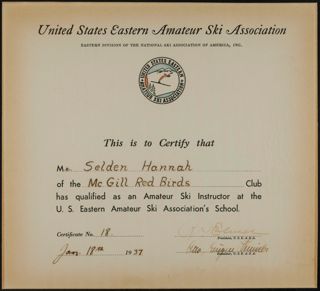 Selden Hannah Amateur Ski Instructor Qualification Certificate, January 18, 1937
