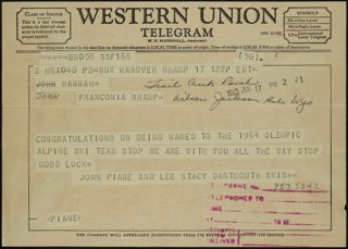 John Piane and Lee Stacy to Joan Hannah Telegram, June 17, 1963