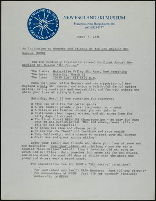Steve Shea to Members and Friends of the New England Ski Museum Letter, March 7, 1985