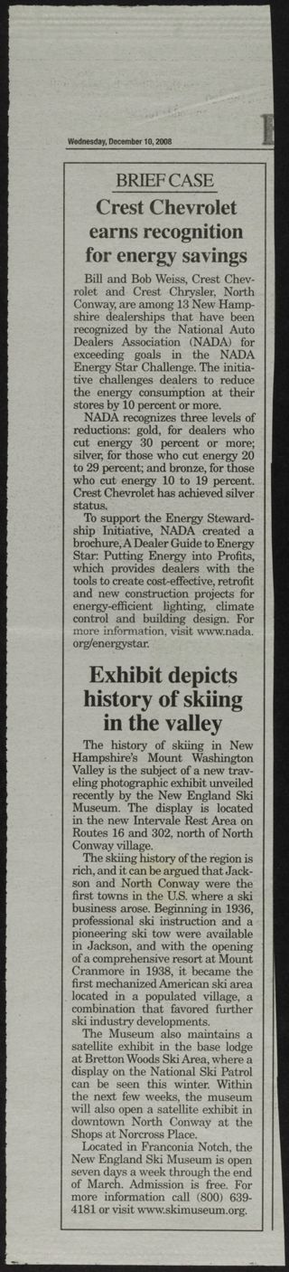 Exhibit Depicts History of Skiing in the Valley Newspaper Clipping, December 10, 2008