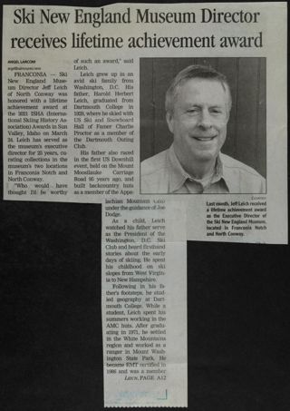 Ski New England Museum Director Receives Lifetime Achievement Award Newspaper Clipping, 2021
