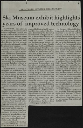 Ski Museum Exhibit Highlights Years of Improved Technology Newspaper Clipping, July 7, 1999