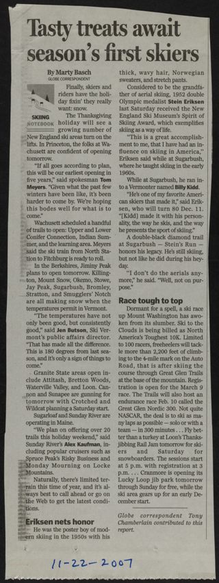 Tasty Treats Await Season's First Skiers Newspaper Clipping, November 22, 2007