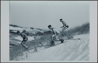 Three Men "Skiing" Beach Dunes Photograph, 1930s