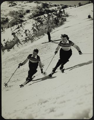 Paula Valar and Brookie Dodge Skiing at Tuckerman Ravine Photograph, 1950s