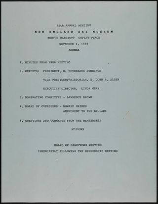 New England Ski Museum 12th Annual Meeting Agenda, November 4, 1989