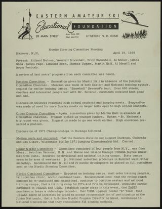 Eastern Amateur Ski Education Foundation Nordic Steering Committee Meeting Minutes, April 19, 1969