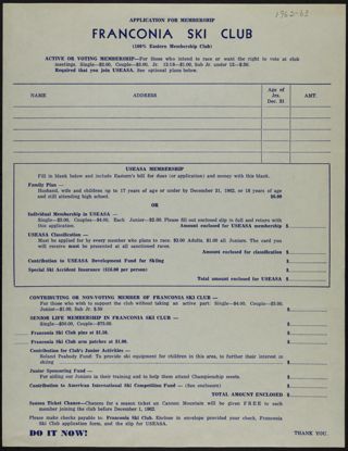 Franconia Ski Club Blank Membership Application, 1962-1963