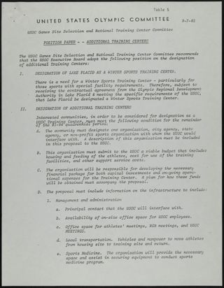 United States Olympic Committee Position Paper—Additional Training Centers, September 7, 1982