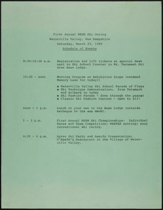 First Annual NESM Ski Outing Schedule of Events, March 23, 1985
