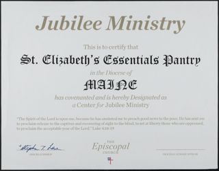 St. Elizabeth's Essentials Pantry Center for Jubilee Ministry Certificate, c. 2001