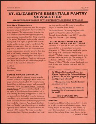 St. Elizabeth's Essentials Pantry Newsletter, Vol. 1, No. 1, Fall 2010