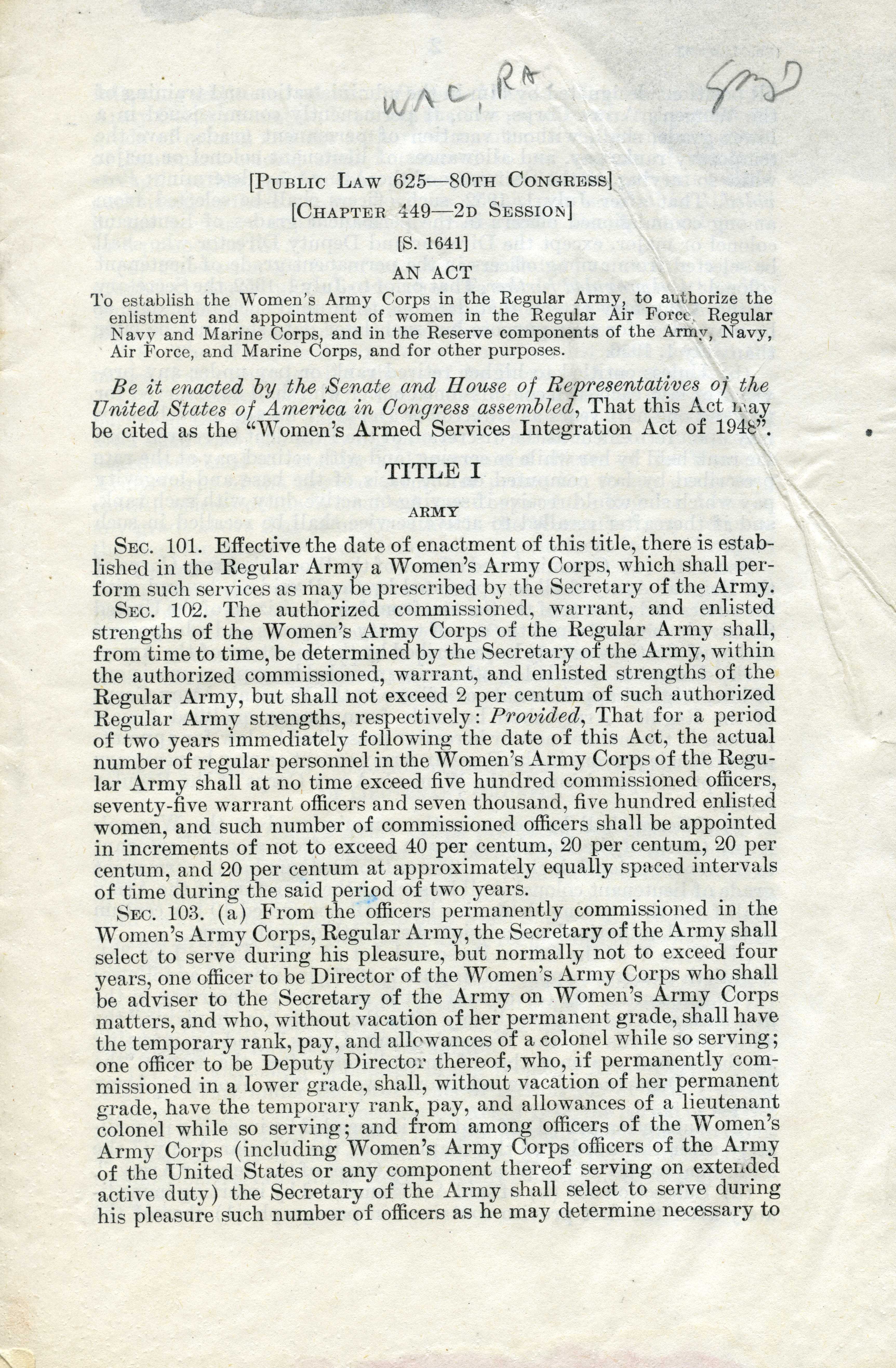 Women's Armed Services Integration Act Signed