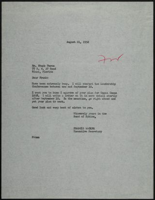 Francis Wacker to Frank Letter, August 21, 1952