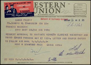 Bert R. Stanford to Francis Wacher Telegram, May 23, 1951