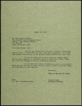 Francis Wacker to Carl Letter, August 18, 1966
