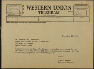 Francis Wacker to Mr. Edward Ward Telegram, September 17, 1965