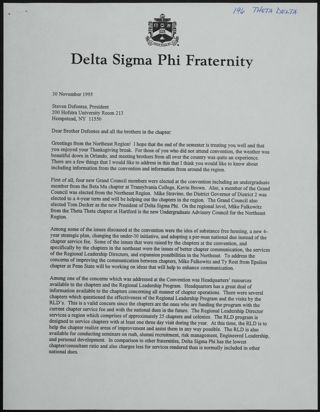 Alan Freer to Brother Defontes and All the Brothers in the Chapter Letter, November 30, 1995