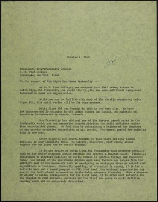 Dale T. Alexander to President Interfraternity Council Letter, October 4, 1968