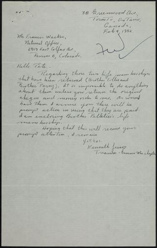 Kenneth Jessop to Pete Letter, February 4, 1952