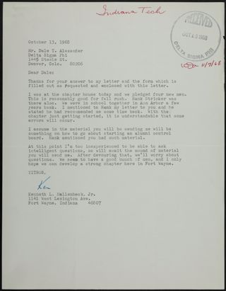 Kenneth L. Hallenbeck Jr. to Dale Letter, October 13, 1968