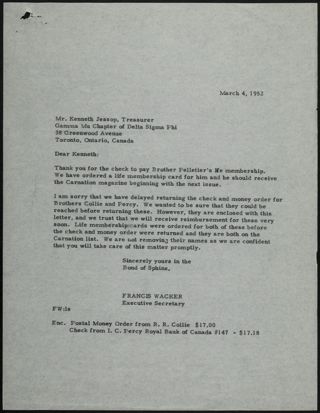 Francis Wacker to Kenneth Letter, March 4, 1952