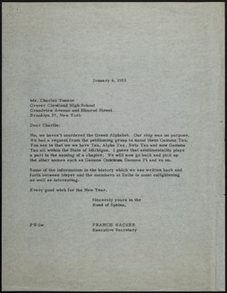 Francis Wacker to Charlie Letter, January 6, 1953