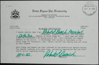 Delta Tau Chapter No Hazing Certification, October 7, 1980