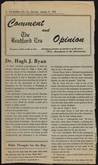 Dr. Hugh J. Ryan Newspaper Clipping, January 21, 1978