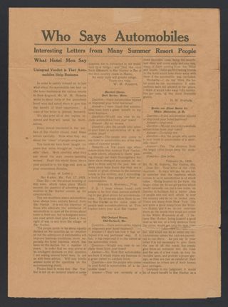 Who Says Automobiles: Interesting Letters from Many Summer Resort People Information Sheet, c. 1908