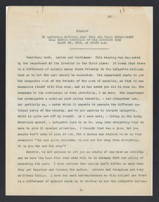 Hearing on Lafayette National Park Road and Trail Development Held Before Secretary of the Interior Work Transcription, March 26, 1924