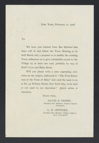 Call for Letters Regarding Automobile Access to Bar Harbor Letter, February 21, 1908