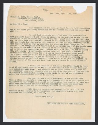 Bar Harbor Path Committee to George B. Dorr Letter, April 1, 1922