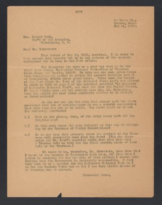 Harold Peabody to Hubert Work Letter, May 21, 1925