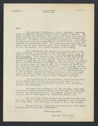 Harold Peabody Roads in Lafayette National Park Letter, c. March 26, 1924