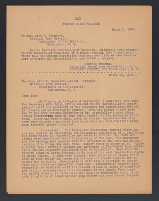 Lincoln Cromwell to Arno B. Cammerer Letter, March 10, 1927